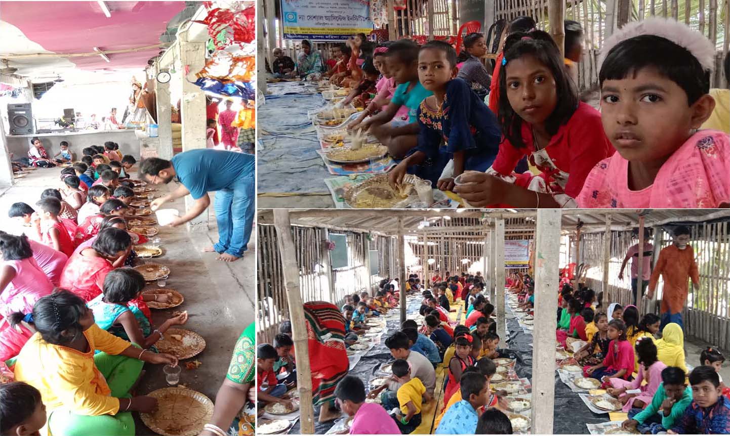 On the occasion of Anbesha Madam's birthday, Arjun Sir served rice, dal, fried potatoes, meat, chutney, pappad, yogurt, sweets, and ice cream to about 435 boys and girls from two schools run by SAI.