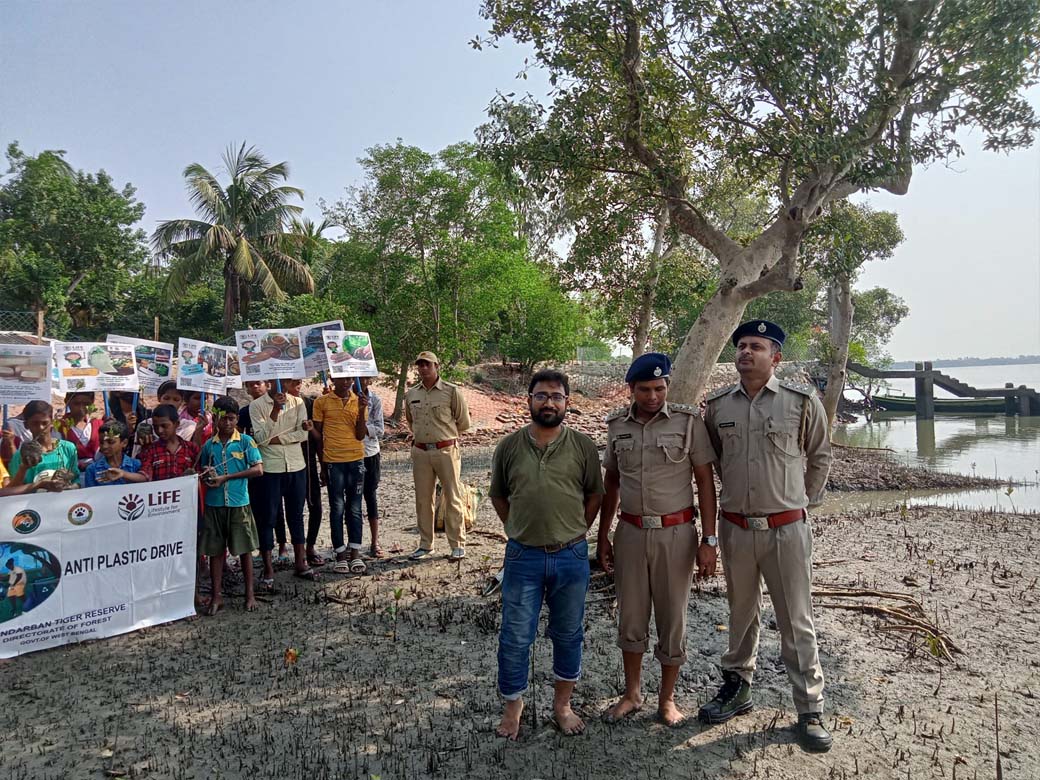 Mangroves were planted along the river today with students as a jt. initiative of the Forest Dept. of the Govt. of WB and SAI.
