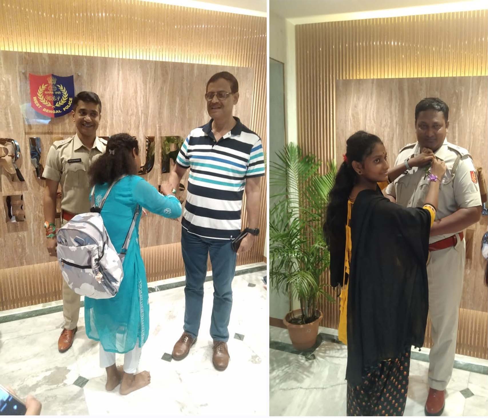 Officers are being tied with rakhi and given a handmade badge each.