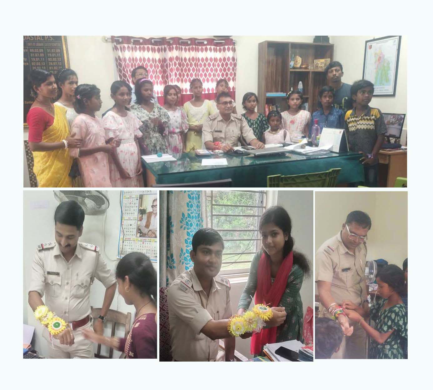 Students from the SAI-run education centres are tying Rakhi on the hands of police officers at the police stations.
